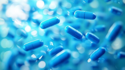 Scattered blue pills, cascading, motion blur, vibrant blue backdrop, light reflections, detailed texture, medical imagery, product photography, realistic rendering