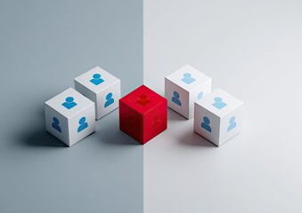 Red cube with person icon, surrounded by white cubes with blue person icons