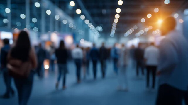 Crowd of people walking in a blurred exhibition or event space with bokeh lights