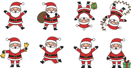 Santa Claus cartoon collection, festive poses with gifts, bells, lights, sack, joyful Christmas illustration set, holiday celebration, winter festive design