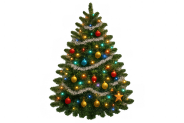 Christmas tree standing festive with glowing lights, shiny tinsel garland, and bright ornaments on a transparent background