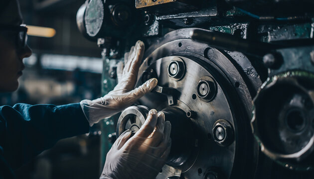 Close up of a factory worker in safety glasses and gloves operating heavy industrial machinery - Powered by Adobe