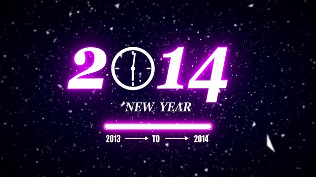 New year 2014 festive greeting text animated with particle background.Loading complete from 2013 to 2014.Timer count new year concept