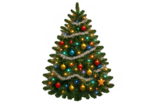 Christmas tree standing festive with glowing lights, shiny tinsel garland, and bright ornaments on a transparent background