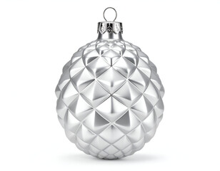 Luxury silver glass Christmas ornament with a modern geometric pinecone texture, hanging isolated on a pristine white studio background