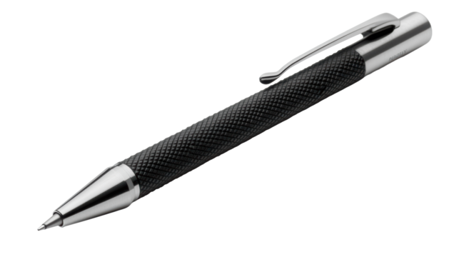 Black pen with textured grip macro detail
