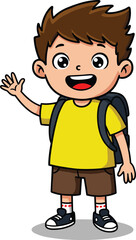 Cute cartoon schoolboy waving hand, cheerful kid with backpack, happy student character, education and back to school illustration