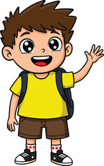 Cute cartoon schoolboy waving hand, happy child with backpack, education and back to school concept illustration