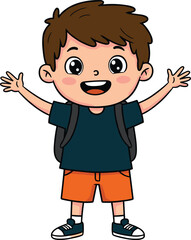Happy cartoon schoolboy with backpack and open arms, cheerful child smiling, education and back to school illustration
