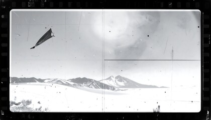 Black and white, desolate landscape with snow-capped mountains and an old frame, evokes solitude and aged memory