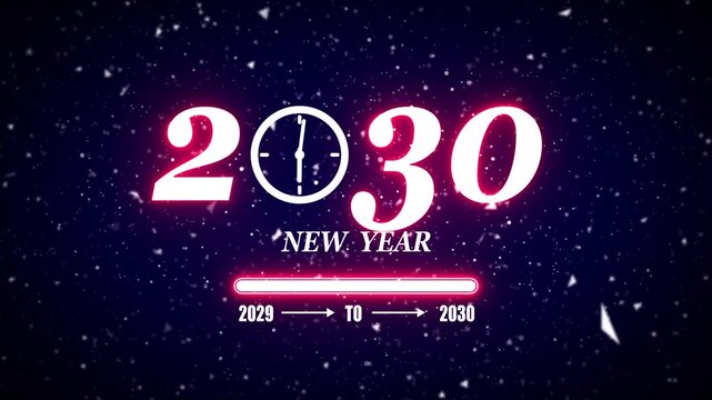 New year 2030 festive greeting text animated with particle background.Loading complete from 2029 to 2030.Timer count new year concept