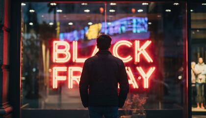 Urban shopper deeply engrossed by the allure of a vibrant promotional display during a busy retail event