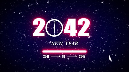 New year 2042 festive greeting text animated with particle background.Loading complete from 2041 to 2042.Timer count new year concept