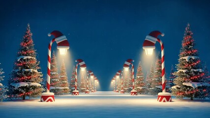 Festive christmas pathway lined with candy cane lampposts and trees - Powered by Adobe