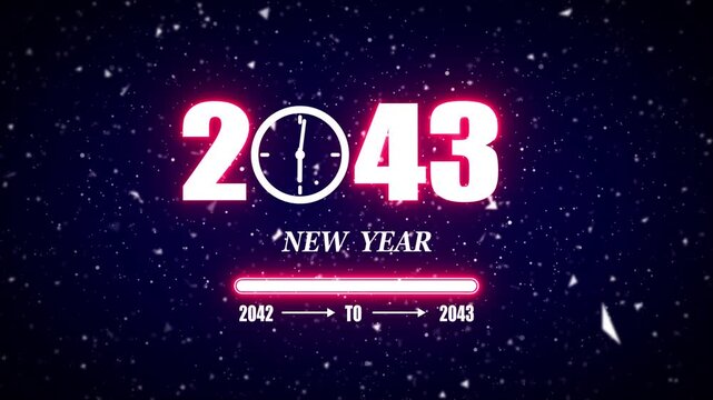 New year 2043 festive greeting text animated with particle background.Loading complete from 2042 to 2043.Timer count new year concept