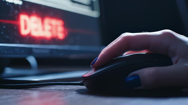 Person Clicks Computer Mouse to Delete Something on Monitor Screen