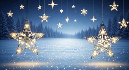 Twinkling star shaped christmas lights illuminate a snowy winter forest landscape at night creating a magical festive atmosphere