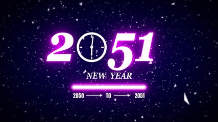 New year 2051 festive greeting text animated with particle background.Loading complete from 2050 to 2051.Timer count new year concept