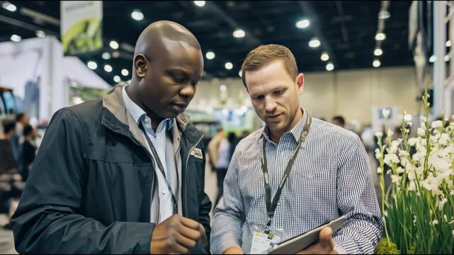 Two businessmen discuss something on a tablet at a trade show