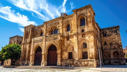 Fototapeta premium Exterior View of a Historical Stone Church Under a Bright Blue Sky with Wispy Clouds