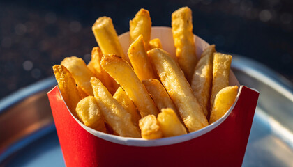 Golden, Crispy French Fries in a Red Container A Delicious and Classic Snack