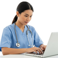Nurse typing on laptop computer isolated on transparent background