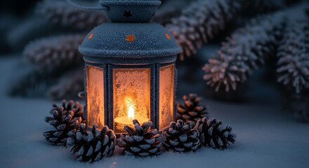 Glowing lantern surrounded by snow covered pine cones and evergreen branches on a cold winter evening