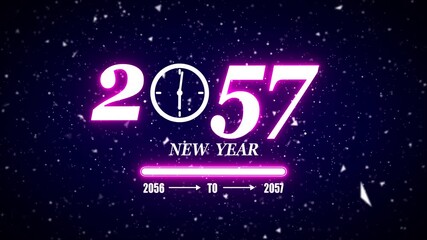 New year 2057 festive greeting text animated with particle background.Loading complete from 2056 to 2057.Timer count new year concept
