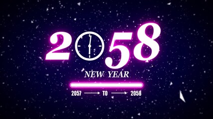New year 2058 festive greeting text animated with particle background.Loading complete from 2057 to 2058.Timer count new year concept