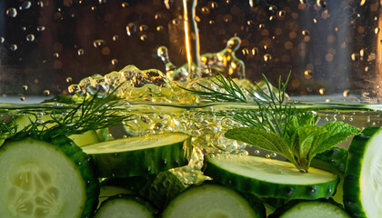Dynamic close-up of clear water splashing over crisp cucumber and aromatic green herbs for pure hydration