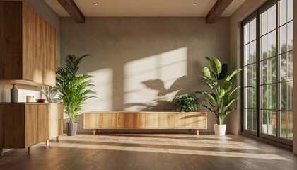 Cozy Living Room Interior Design with Sunlight, Wooden Furniture, and Potted Plants