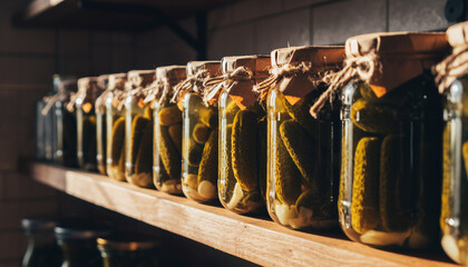 Abundant harvest of homemade pickled cucumbers, neatly stored in traditional glass jars on a rustic shelf, preserving flavors