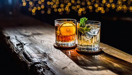 Artisanal cocktails served on a rustic wooden bar with a backdrop of warm, glowing bokeh lights