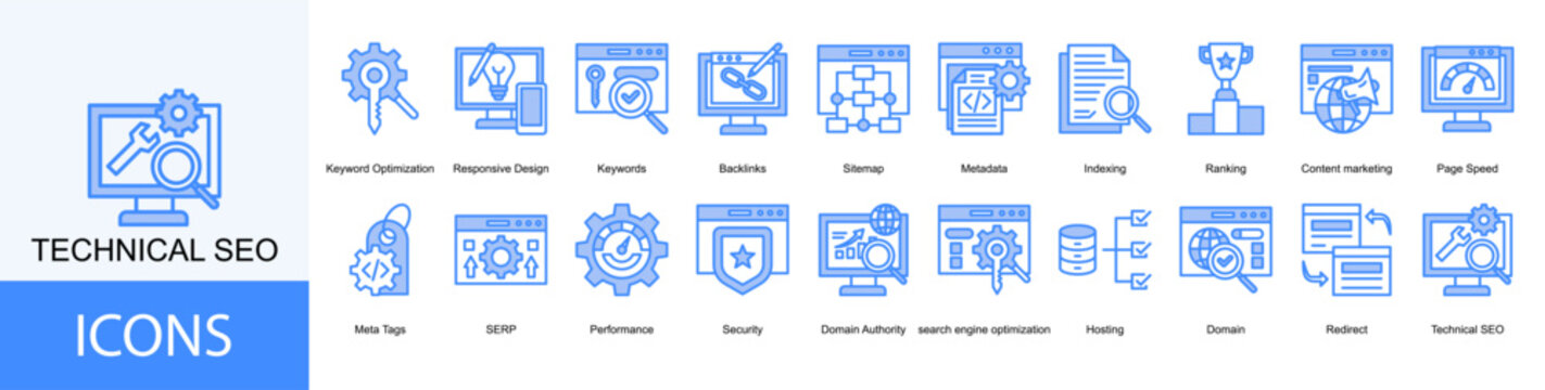 technical seo icon collection set. Containing Keywords, Backlinks, Sitemap, Metadata, Indexing, Ranking, Content marketing icon