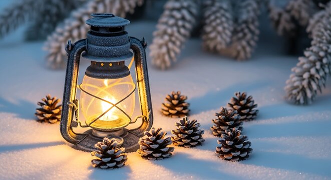 Vintage kerosene lantern glowing warmly amidst snow covered pine cones and frosted evergreen trees in a winter forest setting