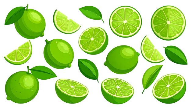 A collection of whole, sliced, and halved limes with leaves, vibrant green colors, and clean vector art style