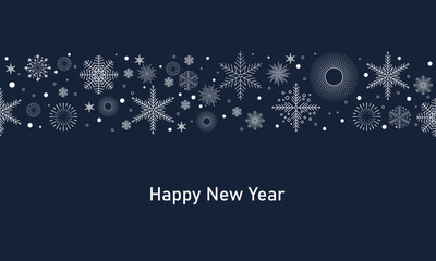 Merry Christmas and Happy New Year festive design with border made of beautiful snoflakes in modern line art style. Winter blue background with falling snow and firework. Xmas decoration.