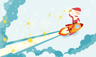 Merry Christmas and Happy New Year festive design with Santa shoots rockets into the sky in modern line art style. Winter blue background with falling snow and firework. Xmas decoration.