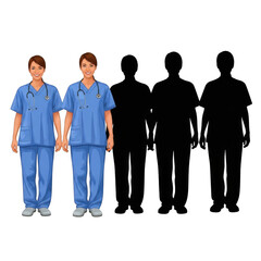 Two female nurses in blue scrubs isolated on transparent background