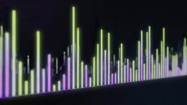 Abstract glowing bars in yellow and purple against a dark background create a visual equalizer effect