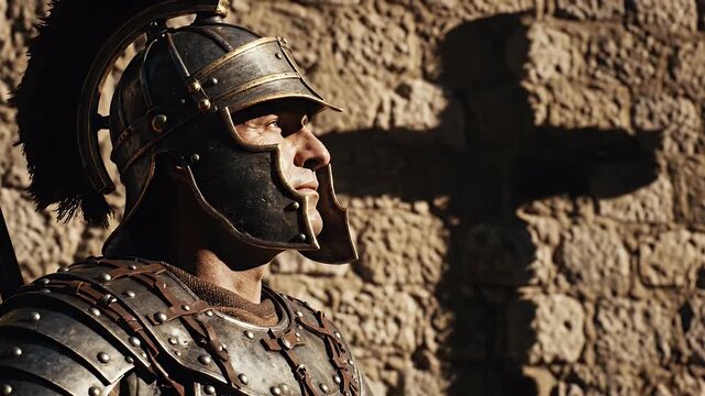 Ancient Warrior Standing Against Stone Wall with Dramatic Lighting and Shadow