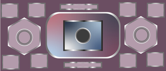 Collection of geometric shapes in shades of purple and silver.