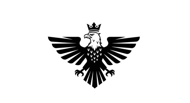 Monochrome heraldic eagle with spread wings and crown emblem flat illustration