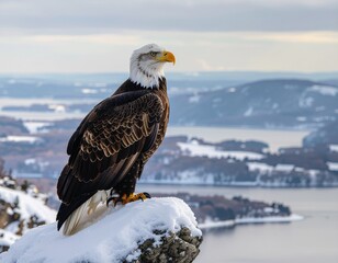 A majestic bald eagle perches on a snow-covered rock, surveying a vast, frozen landscape of water and hills.