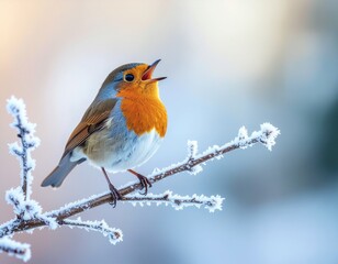 A vibrant European robin sings its song while perched on a frost-covered branch during a cold winter morning.