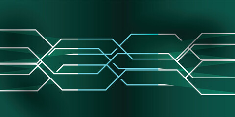 Abstract futuristic design of interconnected, glowing lines forming a complex network on a dark green background.