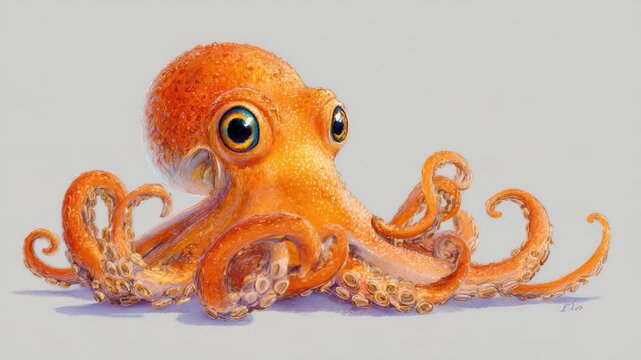 Colorful octopus with large eyes resting on a smooth surface, showcasing intricate details and vibrant hues