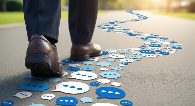 Businessman walking on path speech bubbles, for communication, connection, social media, digital interaction in progressive journey