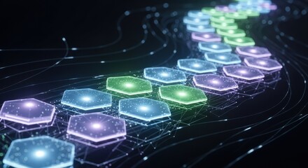 Glowing hexagonal digital nodes connected abstract network lines, for data flow, artificial intelligence, blockchain technology, complex interconnected systems in futuristic digital