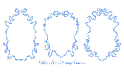 Blue Ribbon Bow Vintage Frames. Elegant Decorative Vector Borders in Pastel Style
